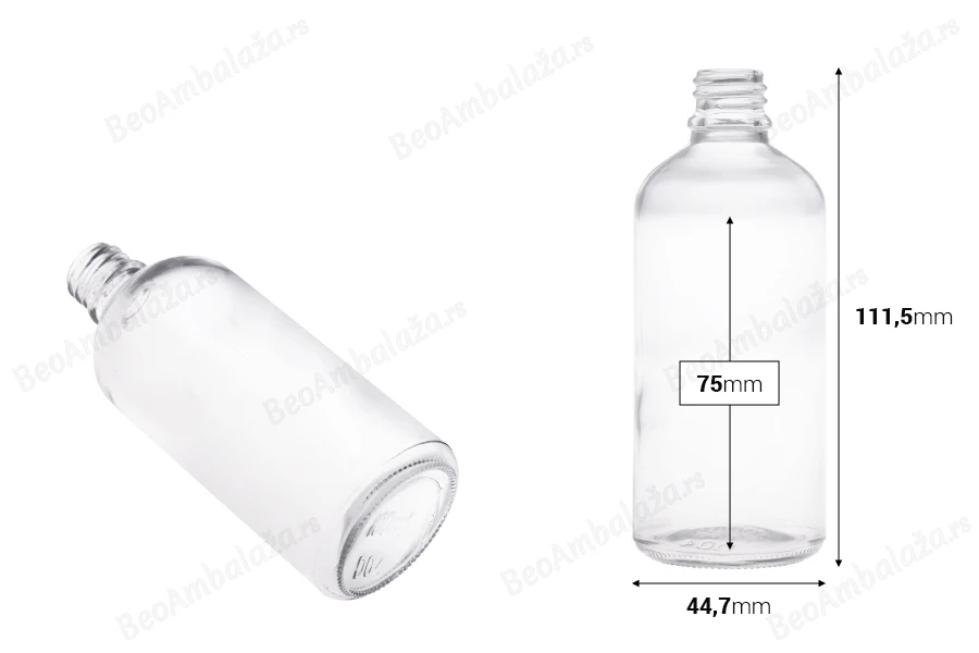 Providna staklena bočica za etarska ulja 100mL, sa grlom PP18 - bez zatvarača-dimenzije_slike