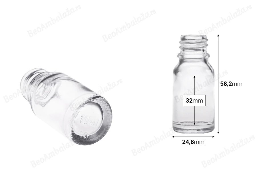 Staklena bočica 10mL za etarska ulja, providna, sa grlom PP18-dimenzije_slike