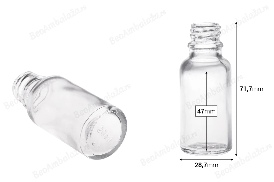 Providna staklena bočica za etarska ulja 20mL, sa grlom PP18 - bez zatvarača-dimenzije_slike