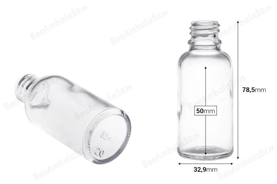 Providna staklena bočica za etarska ulja 30mL, sa grlom PP18 - bez zatvarača-dimenzije_slike