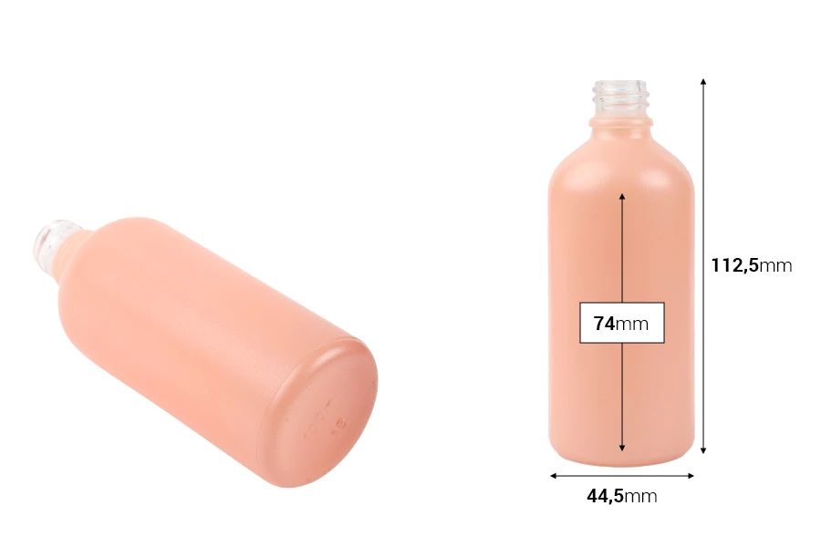 Staklena MAT roze bočica za etarska ulja 100mL, sa grlom PP18-dimenzije_slike