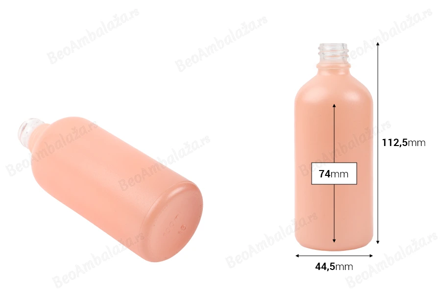 Staklena MAT roze bočica za etarska ulja 100mL, sa grlom PP18-dimenzije_slike