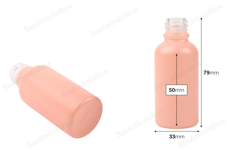 Staklena MAT roze bočica za etarska ulja 30mL, sa grlom PP18-dimenzije_slike