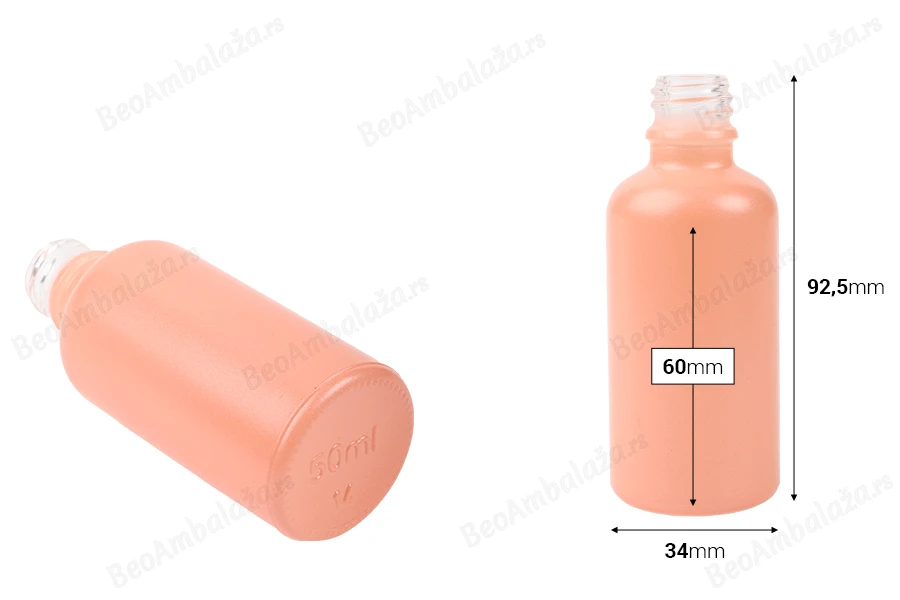 Staklena MAT roze bočica za etarska ulja 50mL, sa grlom PP18-dimenzije_slike