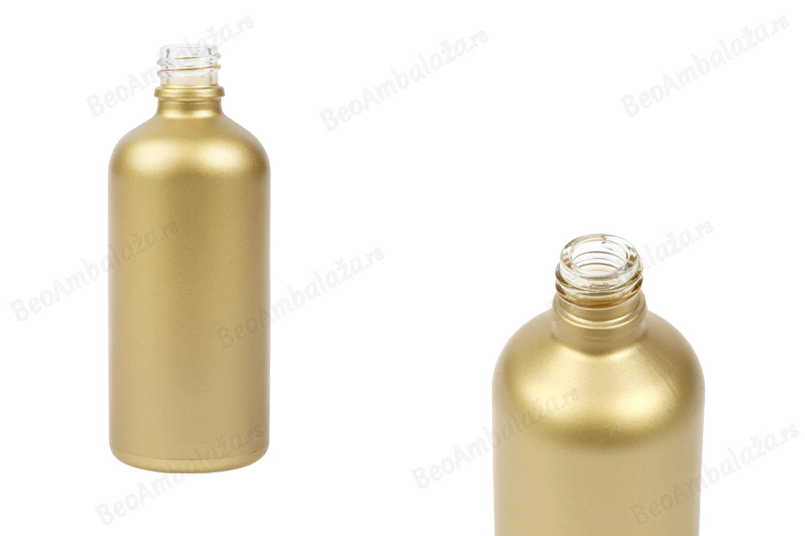 Staklena MAT zlatna bočica za etarska ulja 100mL, sa grlom PP18-slika_proizvoda