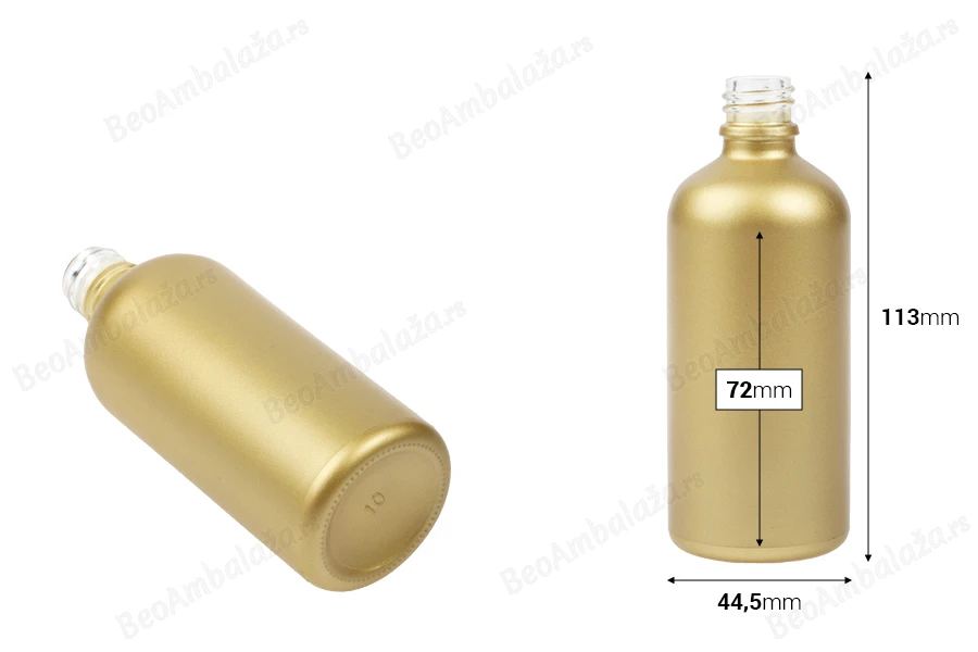 Staklena MAT zlatna bočica za etarska ulja 100mL, sa grlom PP18-dimenzije_slike