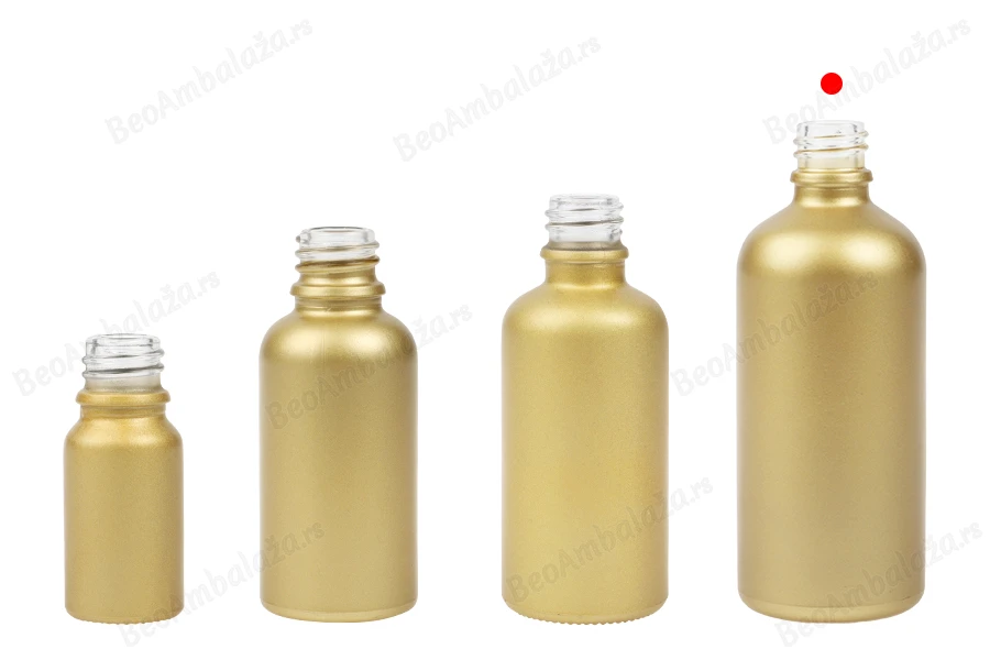 Staklena MAT zlatna bočica za etarska ulja 100mL, sa grlom PP18-grupa_slika