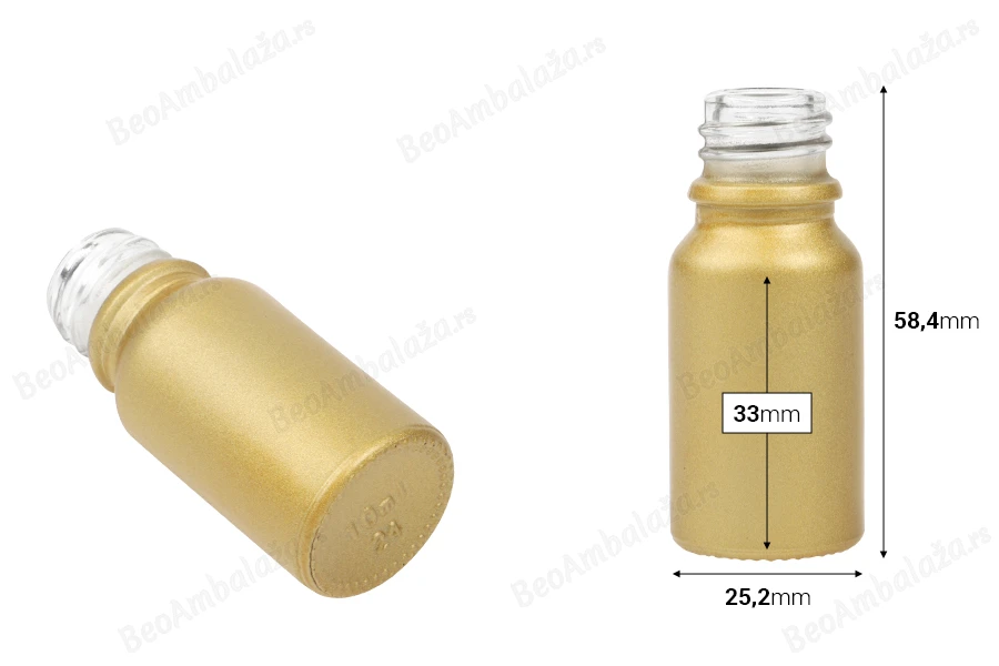 Staklena MAT zlatna bočica za etarska ulja 10mL, sa grlom PP18-dimenzije_slike