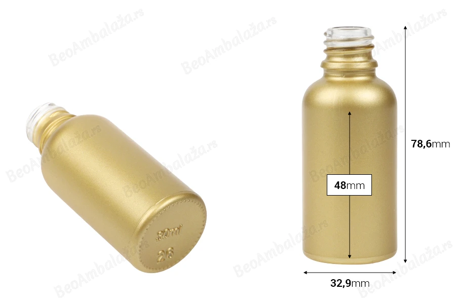 Staklena MAT zlatna bočica za etarska ulja 30mL, sa grlom PP18-dimenzije_slike
