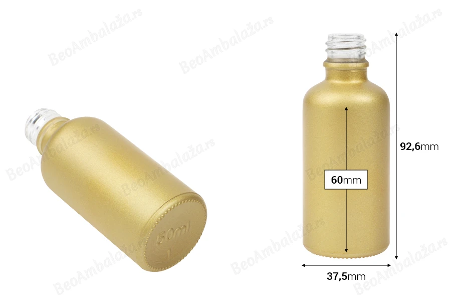 Staklena MAT zlatna bočica za etarska ulja 50mL, sa grlom PP18-dimenzije_slike