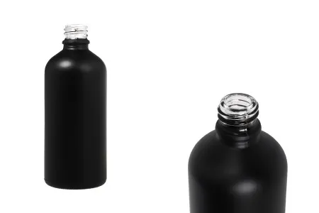 Staklena crna bočica od peskiranog stakla za etarska ulja 100mL, sa grlom PP18-1