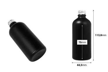 Staklena crna bočica od peskiranog stakla za etarska ulja 100mL, sa grlom PP18-2
