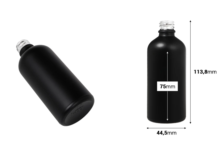 Staklena crna bočica od peskiranog stakla za etarska ulja 100mL, sa grlom PP18 Staklena crna bočica od peskiranog stakla za etarska ulja 100mL, sa grlom PP18