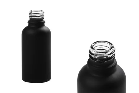 Staklena crna bočica od peskiranog stakla za etarska ulja 30mL, sa grlom PP18-1
