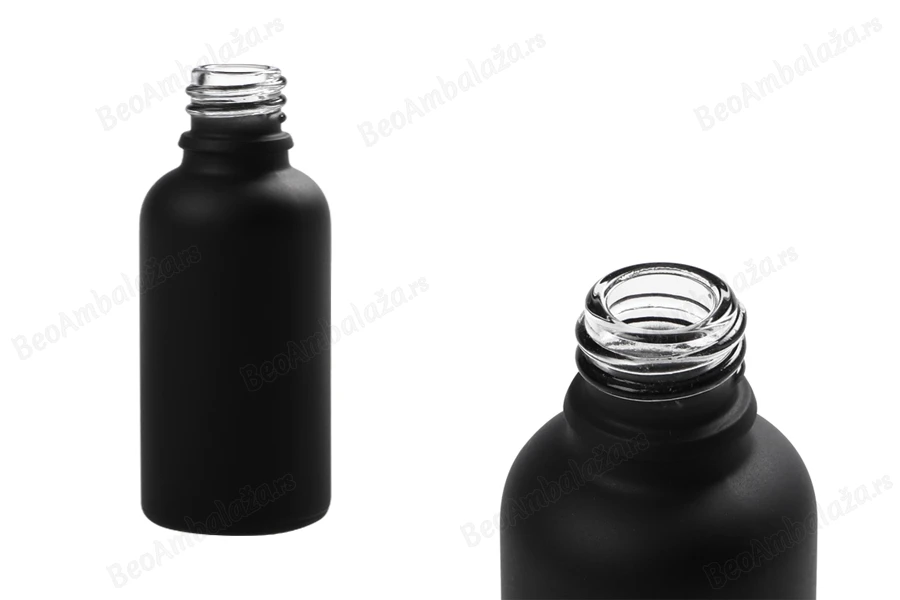 Staklena crna bočica od peskiranog stakla za etarska ulja 30mL, sa grlom PP18-slika_proizvoda