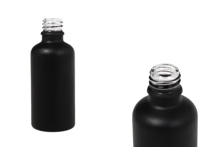 Staklena crna bočica od peskiranog stakla za etarska ulja 50mL, sa grlom PP18-1