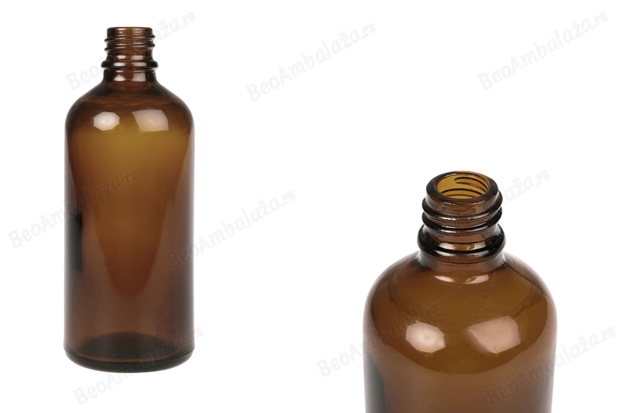 Braon staklena bočica za etarska ulja 100mL, sa grlom PP18 - bez zatvarača-slika_proizvoda