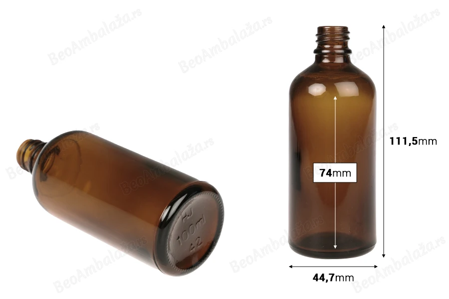 Braon staklena bočica za etarska ulja 100mL, sa grlom PP18 - bez zatvarača-dimenzije_slike