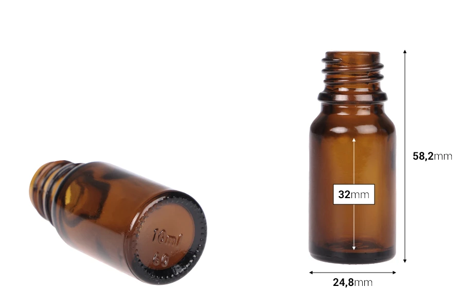 Staklena bočica 10mL za etarska ulja u braon boji, sa grlom PP18 Staklena bočica 10mL za etarska ulja u braon boji, sa grlom PP18-dimenzije_slike
