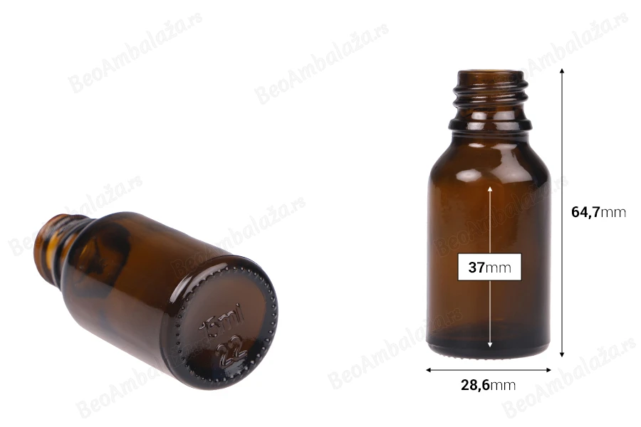 Braon staklena bočica za etarska ulja 15mL, sa grlom PP18 - bez zatvarača-dimenzije_slike