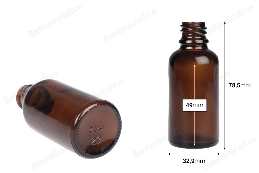 Braon staklena bočica za etarska ulja 30mL, sa grlom PP18 - bez zatvarača-dimenzije_slike