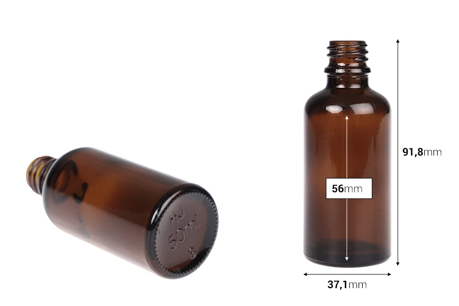 Braon staklena bočica za etarska ulja 50mL, sa grlom PP18 - bez zatvarača-dimenzije_slike
