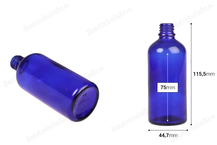 Plava staklena bočica za etarska ulja 100mL, sa grlom PP18 - bez zatvarača-dimenzije_slike