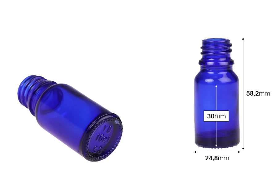 Plava staklena bočica za etarska ulja 10mL, sa grlom PP18 - bez zatvarača Plava staklena bočica za etarska ulja 10mL, sa grlom PP18 - bez zatvarača-dimenzije_slike
