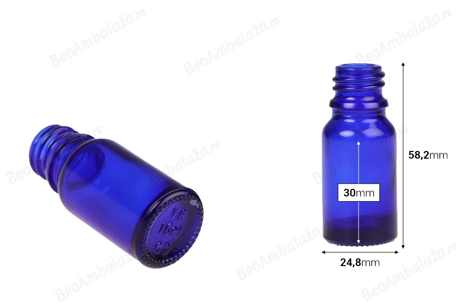 Plava staklena bočica za etarska ulja 10mL, sa grlom PP18 - bez zatvarača-dimenzije_slike
