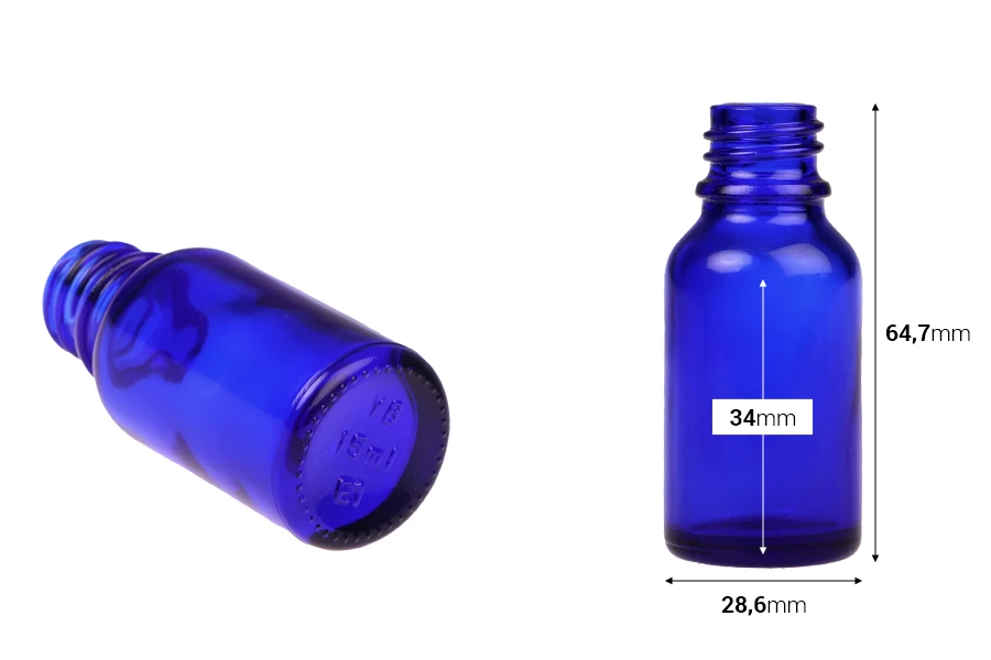 Plava staklena bočica za etarska ulja 15mL, sa grlom PP18 - bez zatvarača-dimenzije_slike