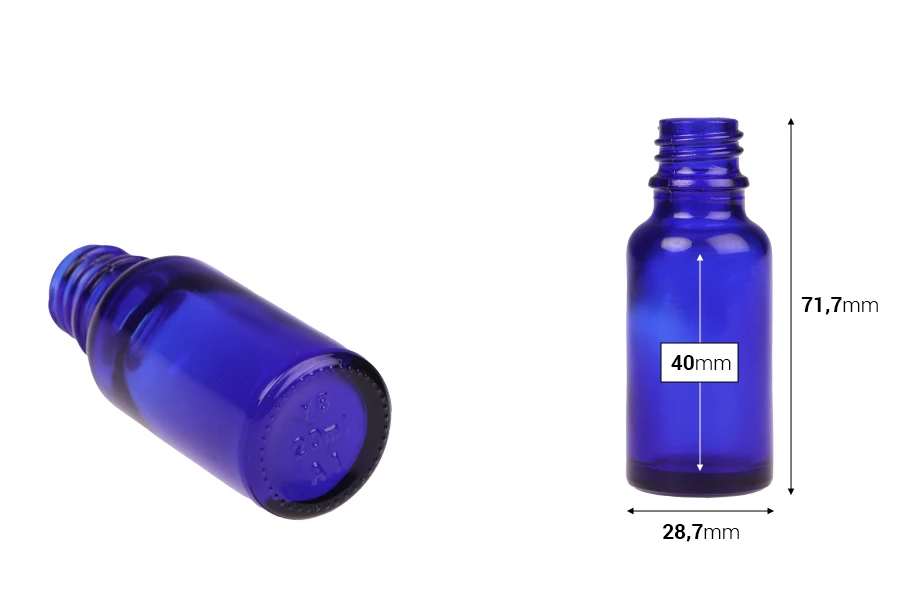 Plava staklena bočica za etarska ulja 20mL, sa grlom PP18 - bez zatvarača-dimenzije_slike