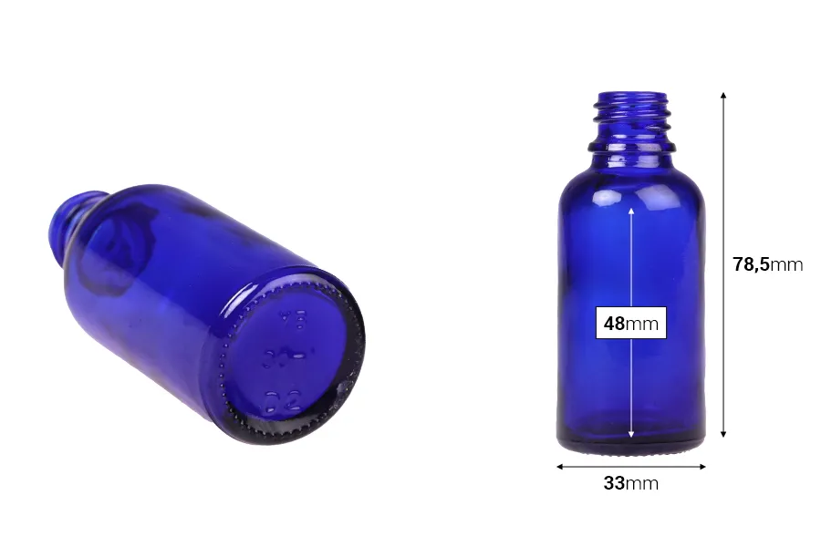 Plava staklena bočica za etarska ulja 30mL, sa grlom PP18 - bez zatvarača-dimenzije_slike