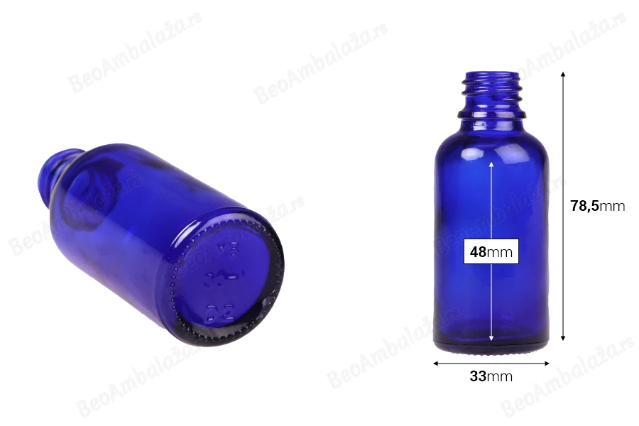 Plava staklena bočica za etarska ulja 30mL, sa grlom PP18 - bez zatvarača-dimenzije_slike