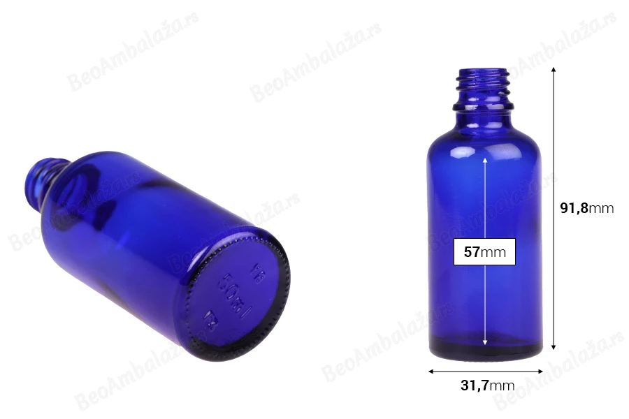 Plava staklena bočica za etarska ulja 50mL, sa grlom PP18 - bez zatvarača-dimenzije_slike