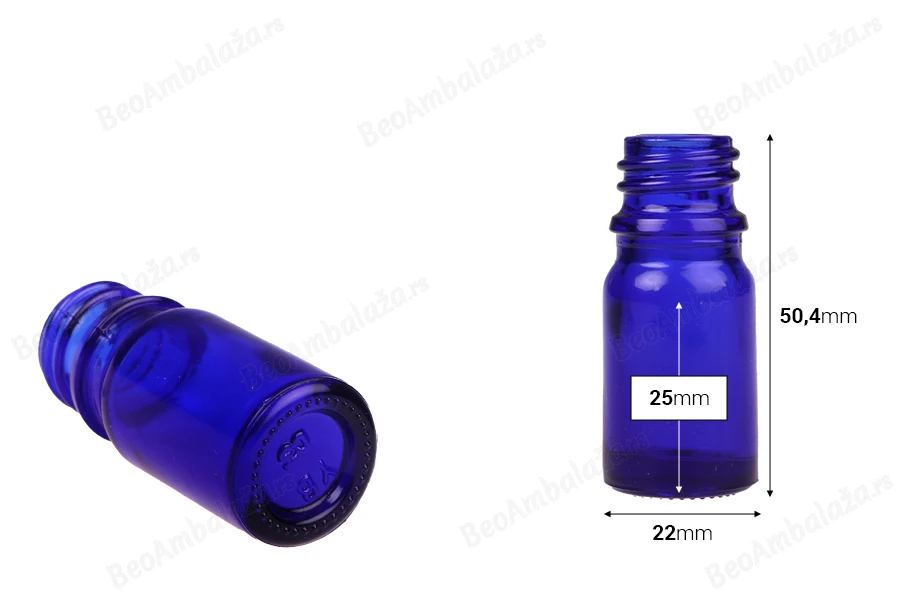 Plava staklena bočica za etarska ulja 5mL, sa grlom PP18 - bez zatvarača-dimenzije_slike