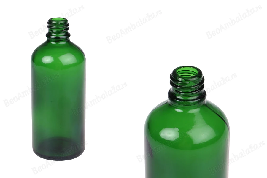 Zelena staklena bočica za etarska ulja 100mL, sa grlom PP18-slika_proizvoda