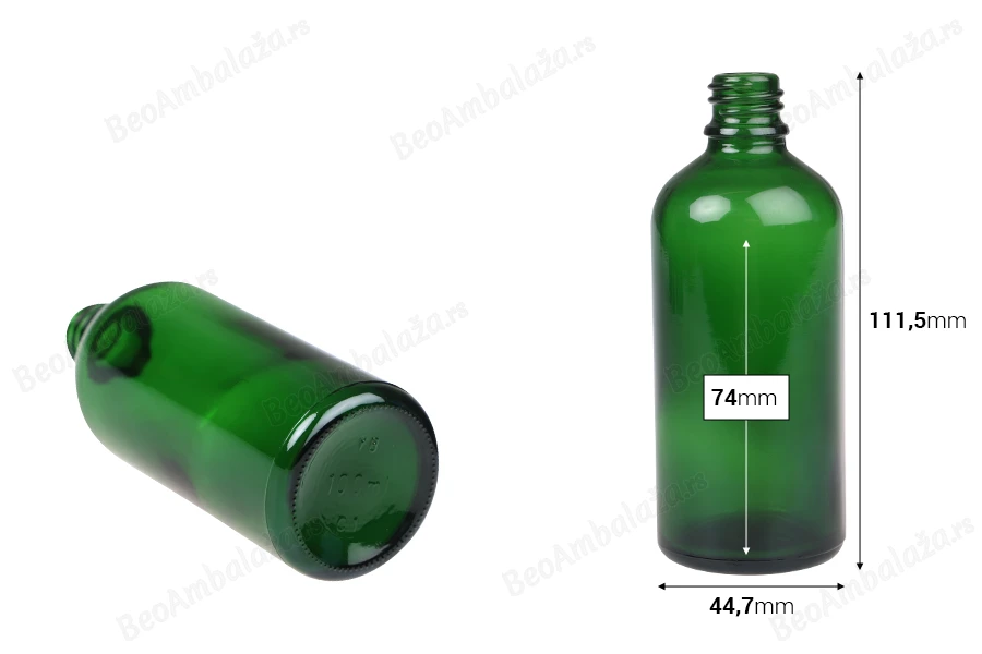 Zelena staklena bočica za etarska ulja 100mL, sa grlom PP18-dimenzije_slike
