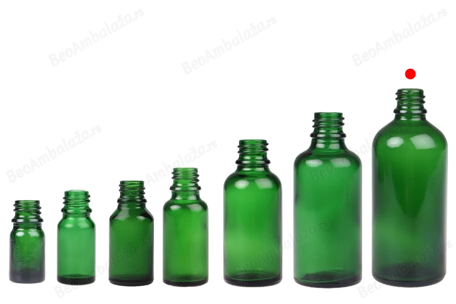 Zelena staklena bočica za etarska ulja 100mL, sa grlom PP18-grupa_slika