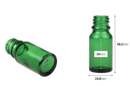 Staklena bočica 10mL za etarska ulja u zelenoj boji, sa grlom PP18-2