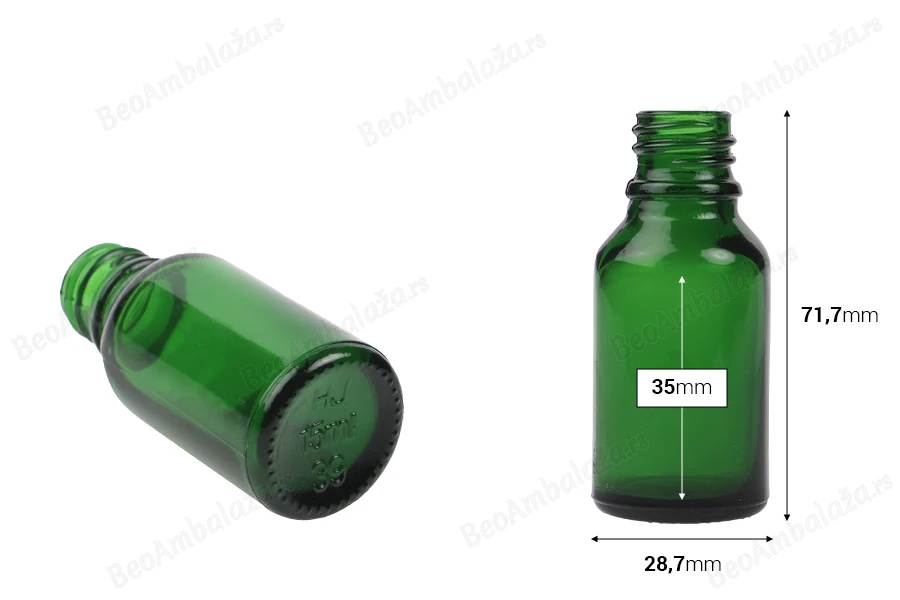 Zelena staklena bočica za etarska ulja 15mL, sa grlom PP18 - bez zatvarača-dimenzije_slike