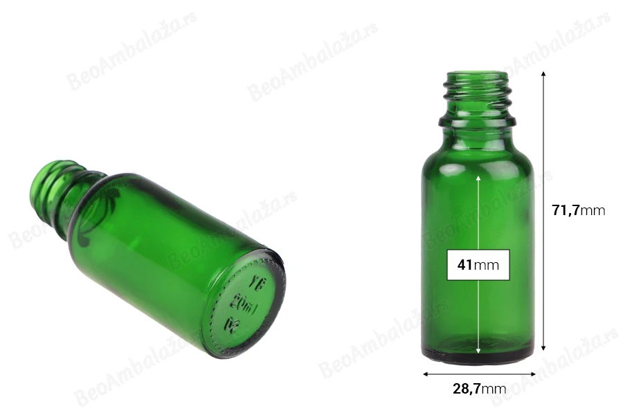Zelena staklena bočica za etarska ulja 20mL, sa grlom PP18 - bez zatvarača-dimenzije_slike