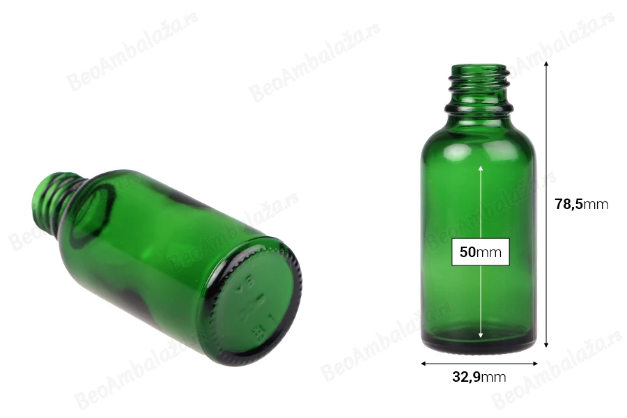 Zelena staklena bočica za etarska ulja 30mL, sa grlom PP18 - bez zatvarača-dimenzije_slike