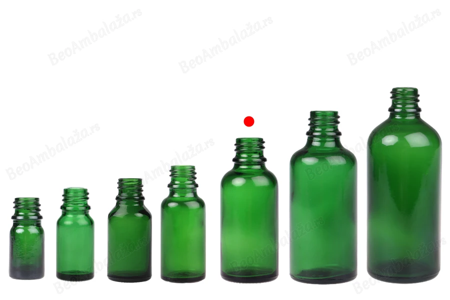Zelena staklena bočica za etarska ulja 30mL, sa grlom PP18 - bez zatvarača-grupa_slika