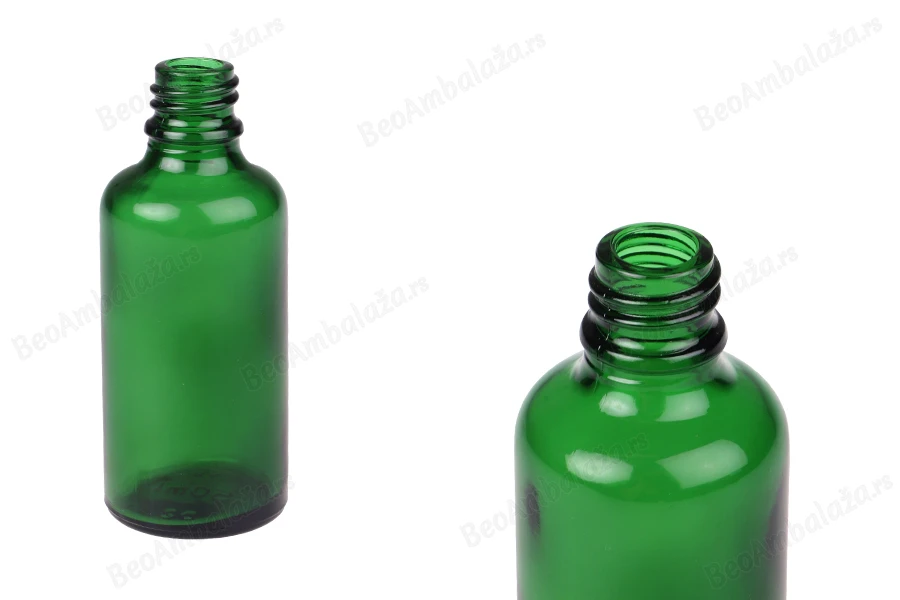 Zelena staklena bočica za etarska ulja 50mL, sa grlom PP18 - bez zatvarača-slika_proizvoda