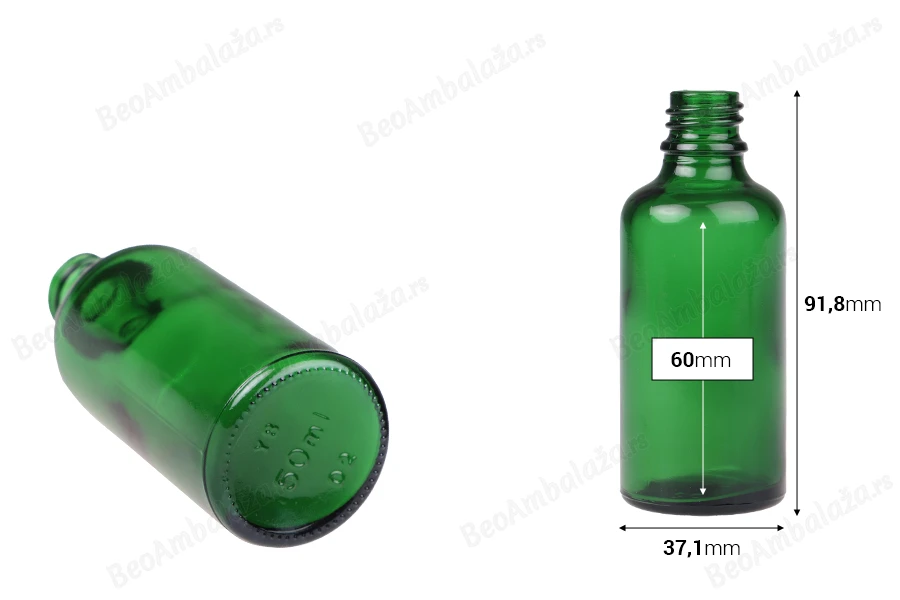 Zelena staklena bočica za etarska ulja 50mL, sa grlom PP18 - bez zatvarača-dimenzije_slike