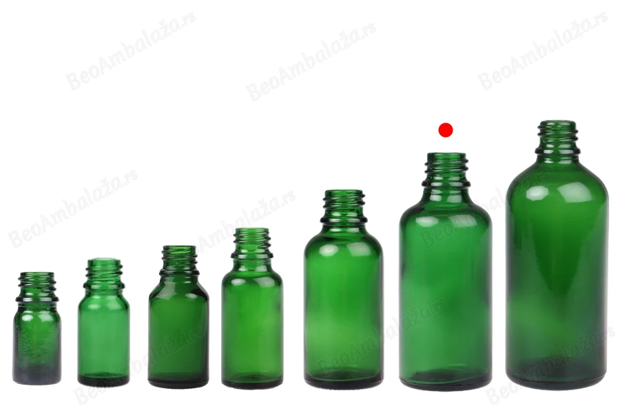 Zelena staklena bočica za etarska ulja 50mL, sa grlom PP18 - bez zatvarača-grupa_slika