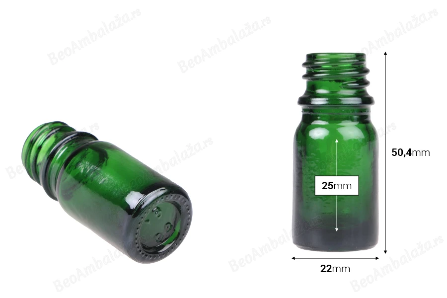 Zelena staklena bočica za etarska ulja 5mL, sa grlom PP18 - bez zatvarača-dimenzije_slike