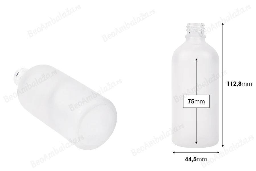 Providna staklena bočica od peskiranog stakla za etarska ulja 100mL, sa grlom PP18 - bez zatvarača-dimenzije_slike
