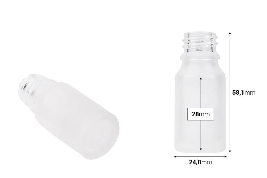 Providna staklena bočica od peskiranog stakla za etarska ulja 10mL, sa grlom PP18 - bez zatvarača Providna staklena bočica od peskiranog stakla za etarska ulja 10mL, sa grlom PP18 - bez zatvarača-dimenzije_slike