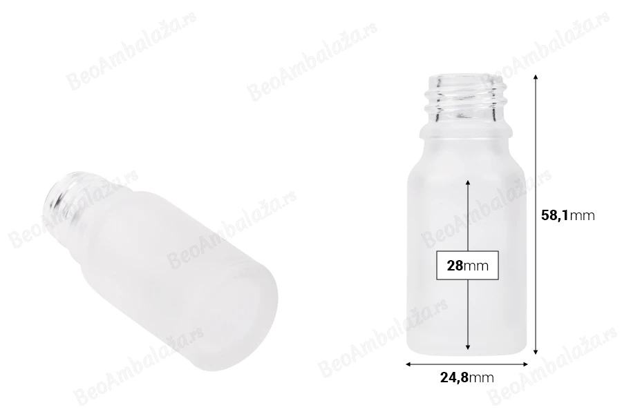 Providna staklena bočica od peskiranog stakla za etarska ulja 10mL, sa grlom PP18 - bez zatvarača-dimenzije_slike